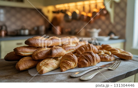 Freshly baked baguettes and croissants on a rustic kitchen table with silver cutlery Freshly baked baguettes and croissants on a rustic kitchen table with silver cutlery 131304446