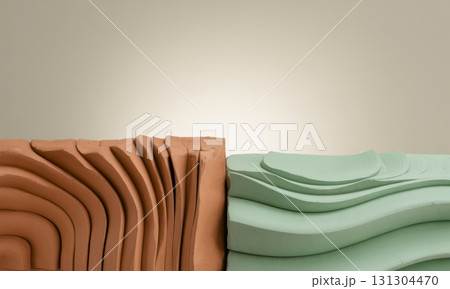 Abstract layered terracotta and mint green sculptural forms with wavy textures Abstract layered terracotta and mint green sculptural forms with wavy textures 131304470