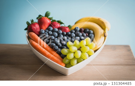 Fresh fruits and vegetables in heart shaped bowl for healthy lifestyle Fresh fruits and vegetables in heart shaped bowl for healthy lifestyle 131304485