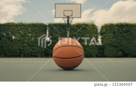 Classic orange basketball resting on an outdoor court with a hoop and green hedge under a cloudy sky 131304507