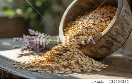 Rolled oats cascading from rustic wooden bowl onto table with lavender in sunlight Rolled oats cascading from rustic wooden bowl onto table with lavender in sunlight 131304526