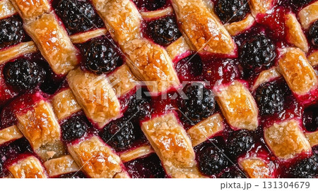 Close up of homemade blackberry pie with golden lattice crust and juicy filling 131304679