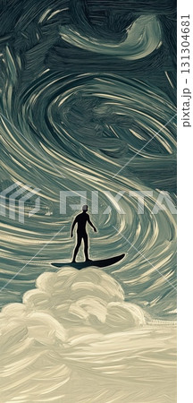 Dreamlike artwork of surfer silhouette on clouds with textured abstract night sky 131304681