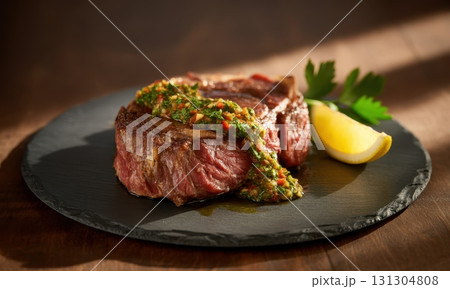 Perfectly seared ribeye steak with vibrant chimichurri sauce, lemon, and fresh parsley on slate plate 131304808