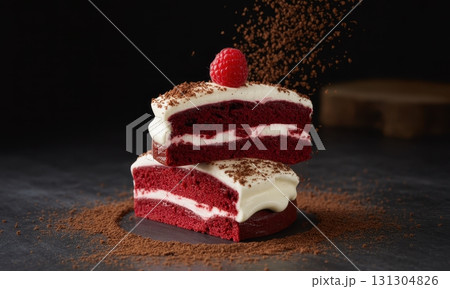 Stacked red velvet cake slices with cream cheese frosting, raspberry, and cocoa powder 131304826