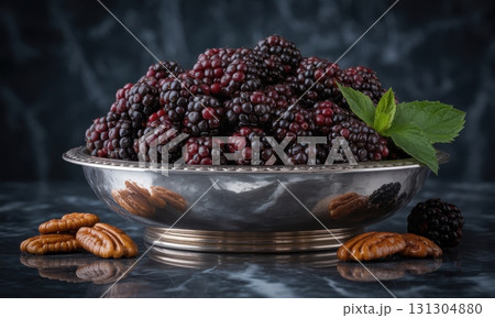 Glossy deep purple blackberries in ornate silver bowl with fresh mint and pecans Glossy deep purple blackberries in ornate silver bowl with fresh mint and pecans 131304880