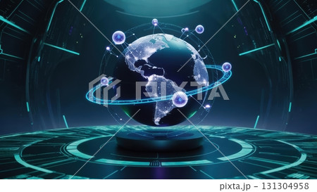 Beautiful globe set against a striking blue background representing the earth and its wonders 131304958