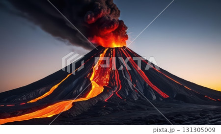 Majestic volcano erupting into the sky with smoke and ashes creating a breathtaking landscape Majestic volcano erupting into the sky with smoke and ashes creating a breathtaking landscape 131305009