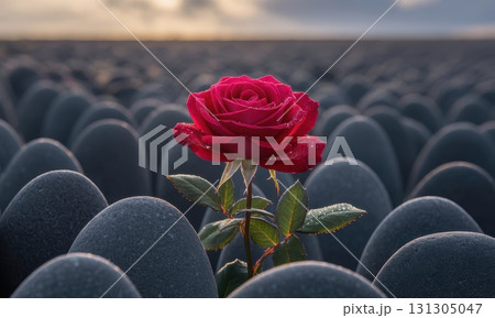 Vibrant red rose with dew drops standing out among identical grey stones at dawn 131305047