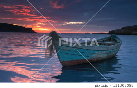 Old blue wooden boat on calm ocean water at sunset with dramatic colorful sky 131305089