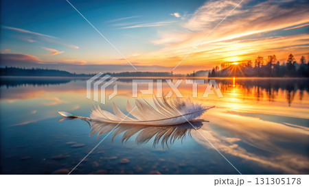 serene feather floating on calm lake at sunset, reflecting nature beauty serene feather floating on calm lake at sunset, reflecting nature beauty 131305178