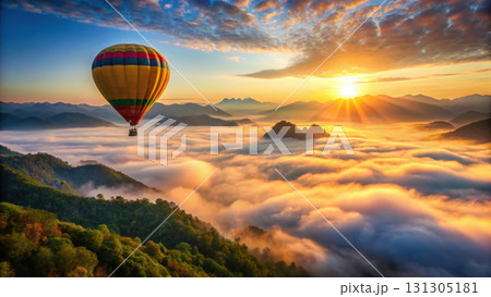 hot air balloon floats above misty landscape at sunrise, creating serene atmosphere 131305181