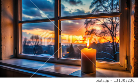 flickering candle illuminates cozy window view at sunset flickering candle illuminates cozy window view at sunset 131305236