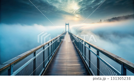 serene bridge leading into thick fog, creating mystical atmosphere 131305238