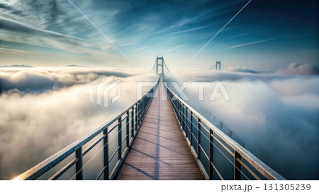 bridge leading into thick fog creates mysterious atmosphere 131305239