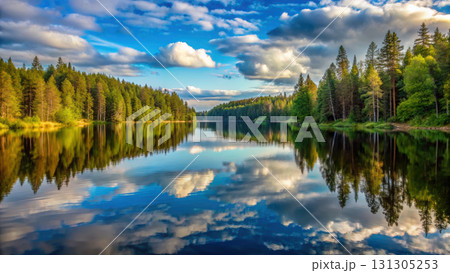 serene forest lake reflecting clouds and trees in calm waters 131305253