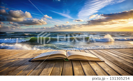 open book rests on wooden pier by ocean, with waves crashing and beautiful sunset 131305254