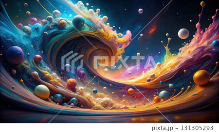vibrant cosmic wave with colorful spheres and swirling patterns 131305293