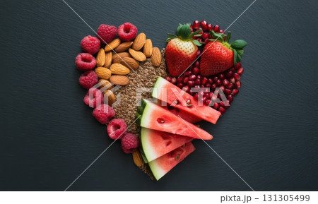 Healthy food heart shape with fresh fruits, nuts, and seeds for wellness and diet Healthy food heart shape with fresh fruits, nuts, and seeds for wellness and diet 131305499