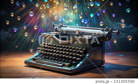 vintage typewriter with colorful bubbles and light rays vintage typewriter with colorful bubbles and light rays 131305500