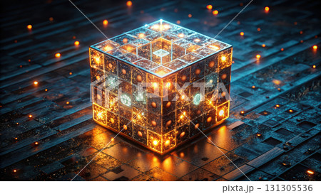 glowing cube with intricate patterns and lights on dark surface 131305536