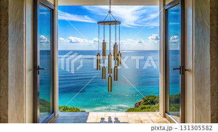 serene view of ocean waves with wind chimes hanging in modern setting 131305582