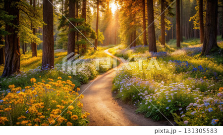 serene pathway through vibrant forest filled with blooming flowers 131305583