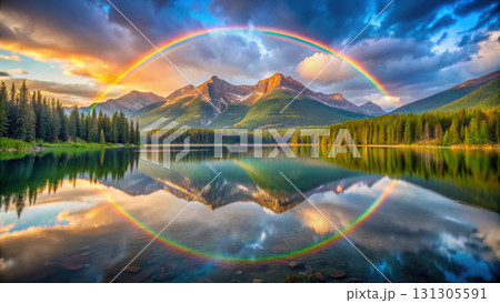 stunning rainbow arches over serene lake surrounded by mountains and trees stunning rainbow arches over serene lake surrounded by mountains and trees 131305591