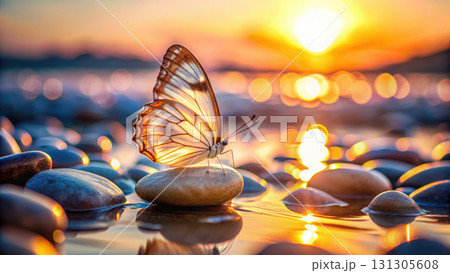 delicate butterfly perched on smooth stone at sunset, creating serene atmosphere 131305608
