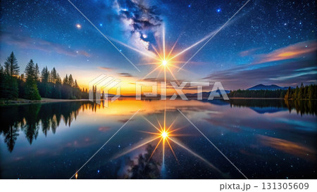 stunning star shining over tranquil lake at sunset, reflecting sky 131305609