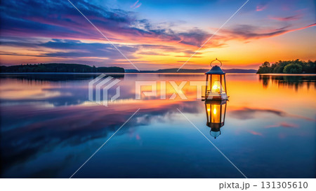 glowing lantern gently floats on calm water at sunset, creating serene atmosphere 131305610