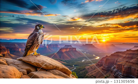 hawk perched on rock overlooking stunning sunset landscape 131305656