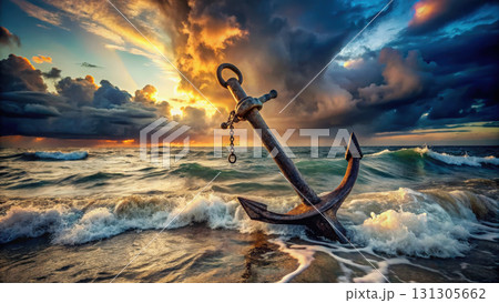 weathered anchor stands in ocean waves under dramatic sunset sky 131305662