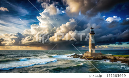 lighthouse stands tall against dramatic ocean horizon with stormy clouds 131305669