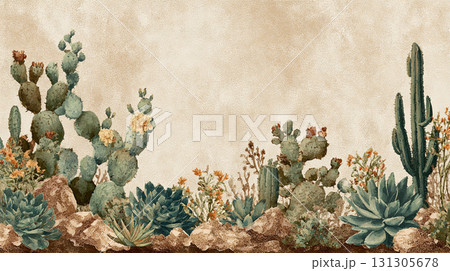 サボテンと多肉植物のナチュラルなボタニカルイラストレーション背景 131305678