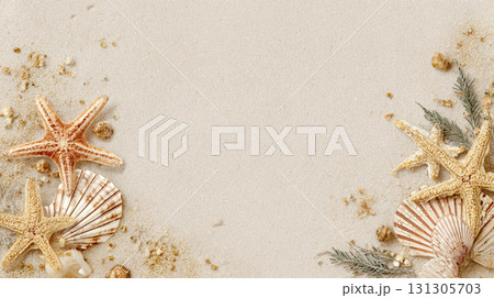 ビーチの砂に並ぶヒトデと貝殻の背景イメージ 131305703