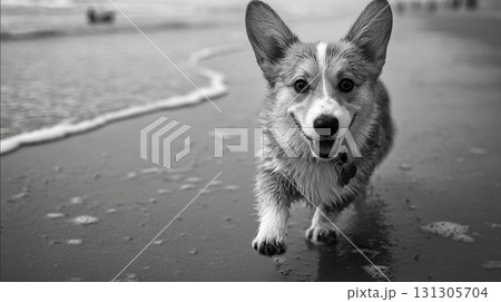 ビーチを駆けるコーギーの白黒写真 131305704