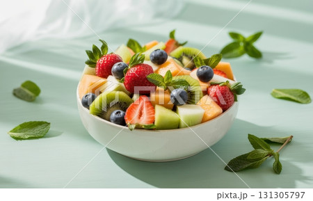 Vibrant fruit salad with fresh strawberries, blueberries, kiwi, and melon in a white bowl 131305797
