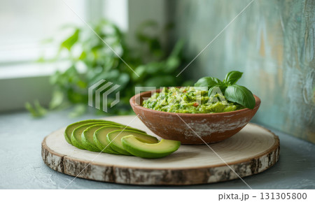Vibrant green guacamole in rustic bowl with sliced avocado and fresh basil on wooden slice 131305800