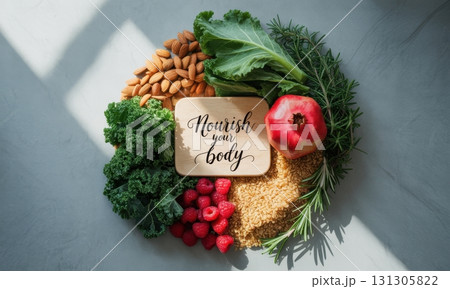 Nutritious food flat lay with nourish your body sign, almonds, kale, raspberries, pomegranate Nutritious food flat lay with nourish your body sign, almonds, kale, raspberries, pomegranate 131305822
