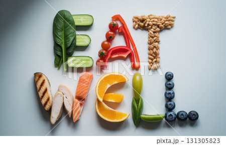 Vibrant healthy food spelling EAT WELL word for nutrition and wellness concept 131305823