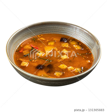 Isolated hot and spicy Asian tofu soup bowl Isolated hot and spicy Asian tofu soup bowl 131305883