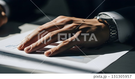 Closeup of businessmans hand reviewing financial data with watch 131305957