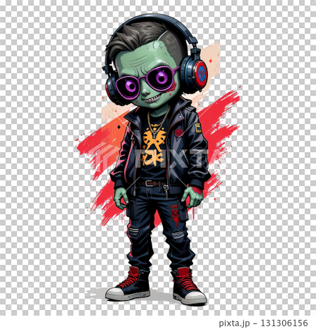 Stylized illustration of a cool, small zombie kid wearing a leather jacket, pink sunglasses, and oversized headphones. Stylized illustration of a cool, small zombie kid wearing a leather jacket, pink sunglasses, and oversized headphones. 131306156