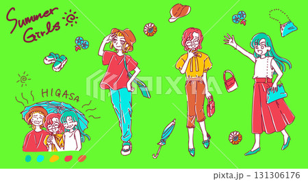 シンプルかわいい手書きの夏コーデ女子たちのイラスト素材 131306176