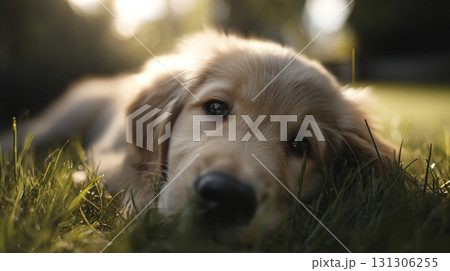 芝生に寝転ぶかわいいゴールデンレトリバーの子犬 芝生に寝転ぶかわいいゴールデンレトリバーの子犬 131306255