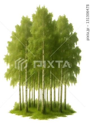 Lush birch grove with slender white trunks and dense green canopy, isolated on white background 131306478