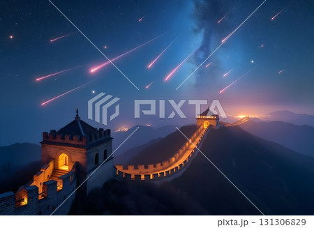 Meteor Shower Over Great Wall at Night 131306829