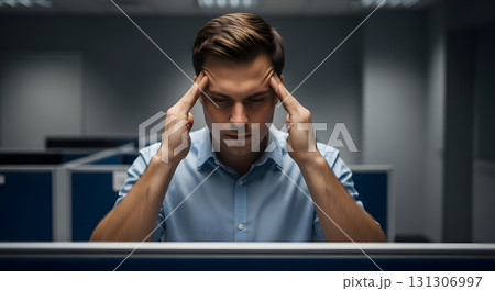 Stressed businessman with headache working in modern office cubicle. Stressed businessman with headache working in modern office cubicle. 131306997