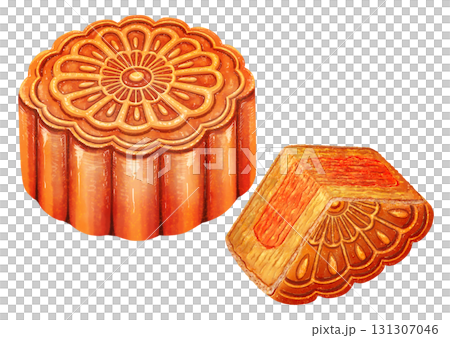 Mooncake Illustration. Traditional Chinese Pastry for Mid Autumn Festival. Hand Drawn Dessert on Transparent Background 131307046